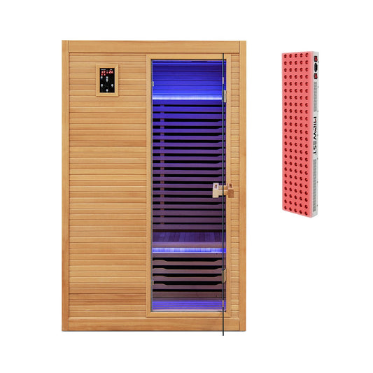 2-Person Far Infrared Wooden Sauna with Red Light Therapy Panel