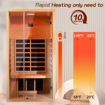 1 Person Extendable FAR Infrared Sauna for Home, Hemlock Wood Low EMF 6 Carbon Heaters Indoor Saunas with LED Lights, Bluetooth Speaker, Digital Control Panel, and Seating Bench